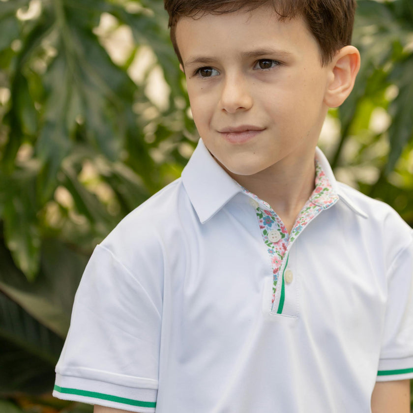 Henley Polo in Classic White with Midspring Floral Trim