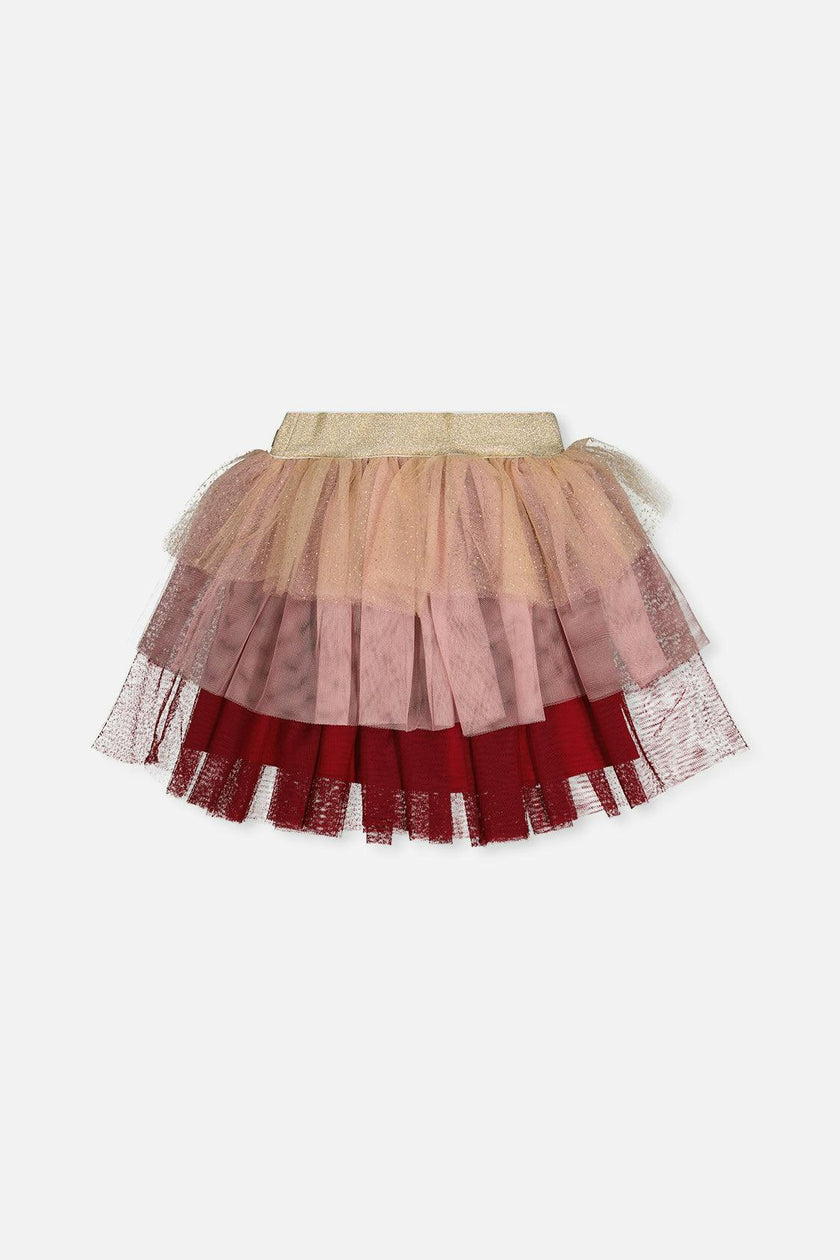 Multi Layer Glittering Mesh Skirt Red, Pink And Beige