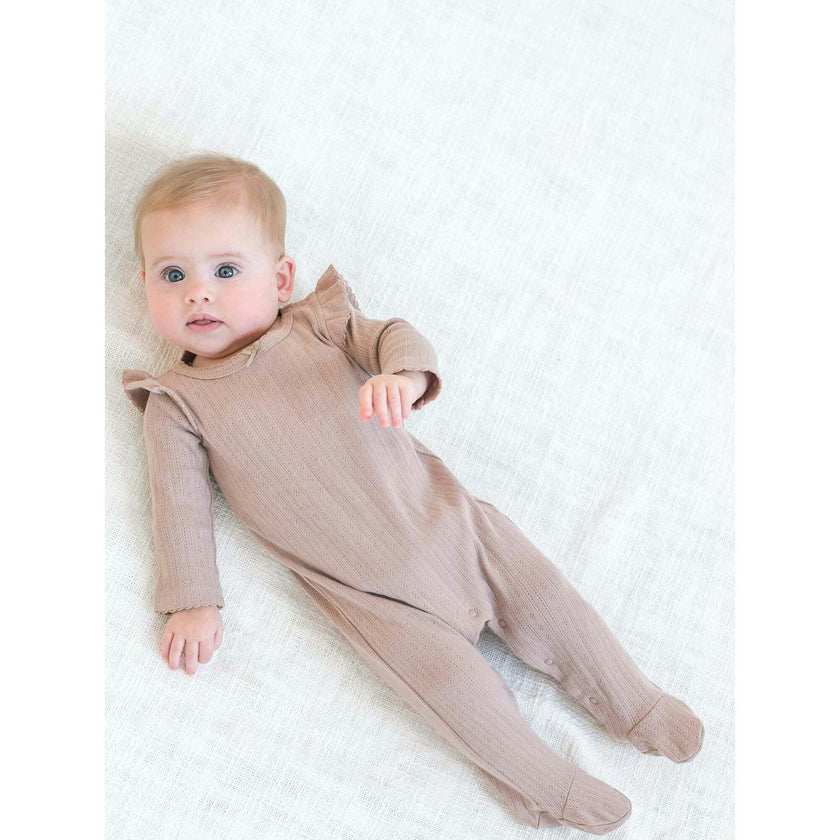 Addy Brushed Back Pointelle Flutter Sleeve Footed Romper