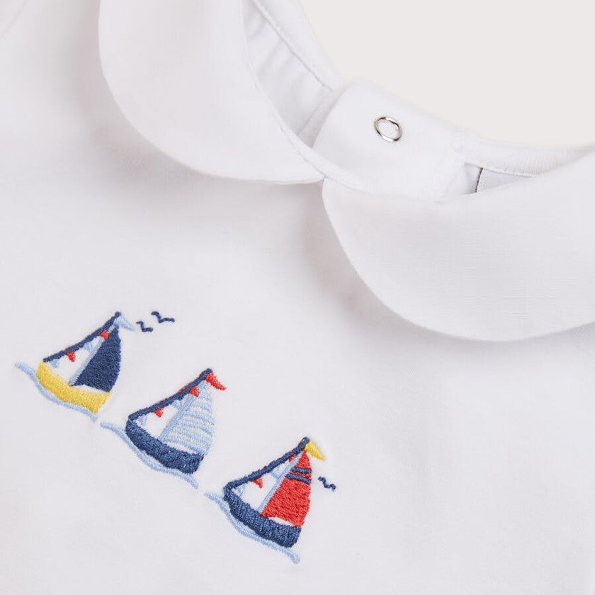 Embroidered Boat Motif Peter Pan Collar Bodysuit in White (1mth-3yrs)