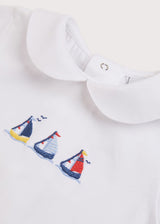 Embroidered Boat Motif Peter Pan Collar Bodysuit in White (1mth-3yrs)
