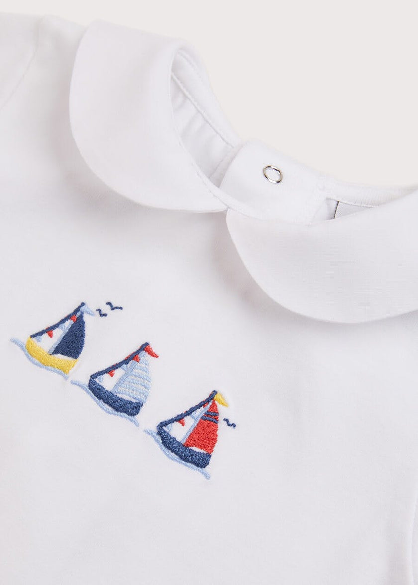 Embroidered Boat Motif Peter Pan Collar Bodysuit in White (1mth-3yrs)