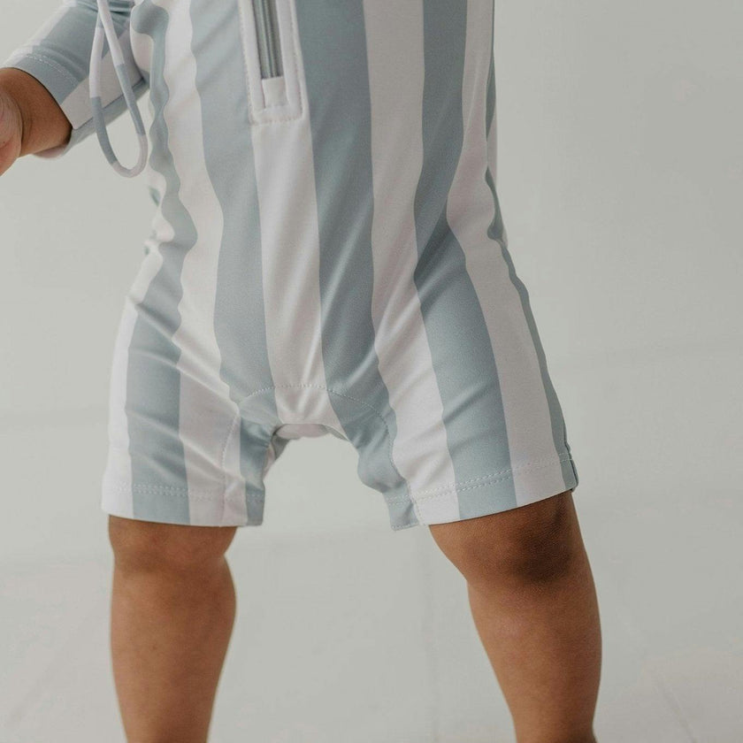 Baby Boy One-Piece Rash Guard Swimsuit in Aqua Grey Stripe