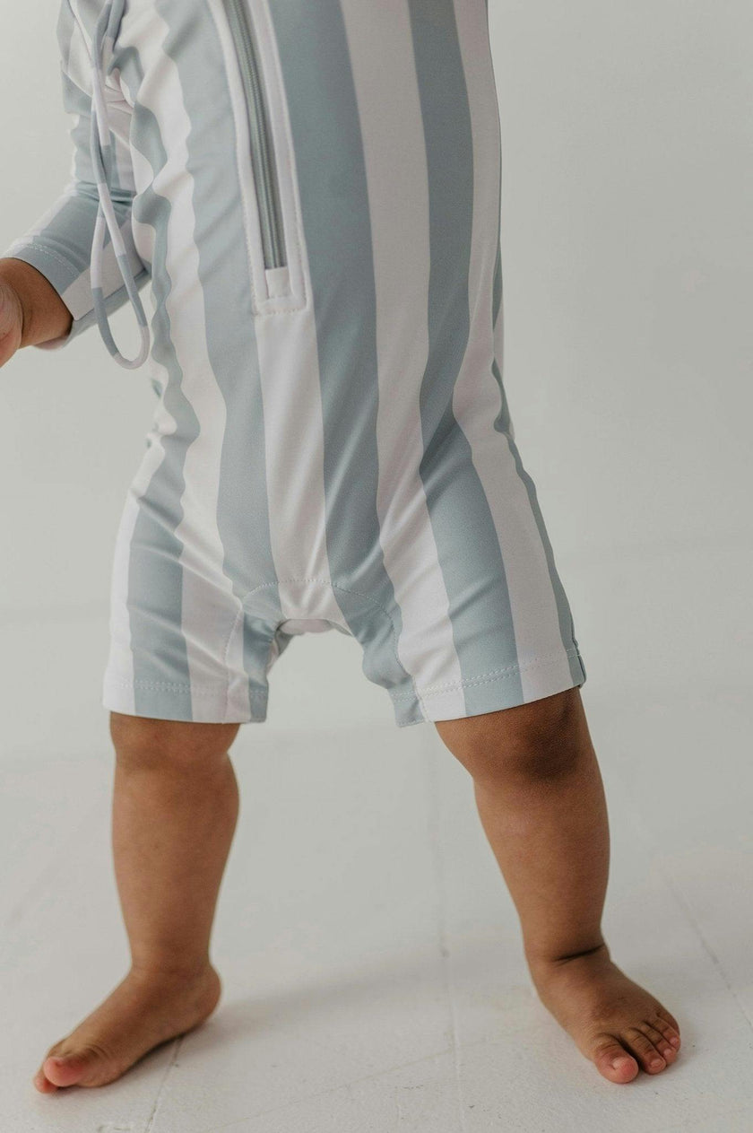 Baby Boy One-Piece Rash Guard Swimsuit in Aqua Grey Stripe