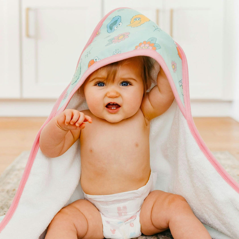Premium Baby Knit Hooded Towel - Sesame Street Retro Floral