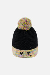 Lined Knit Hat With Pompom Black And Multicolor