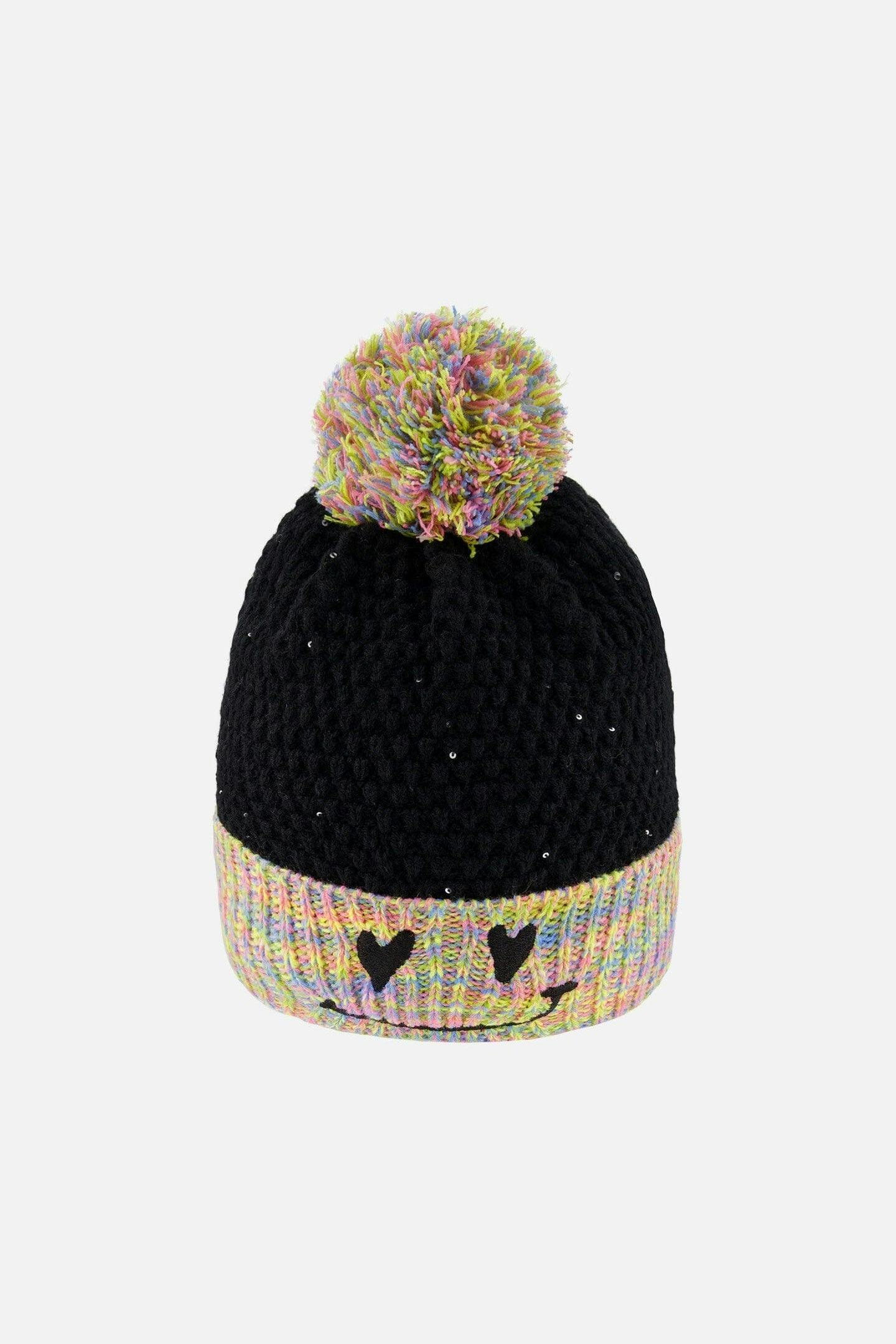 Lined Knit Hat With Pompom Black And Multicolor