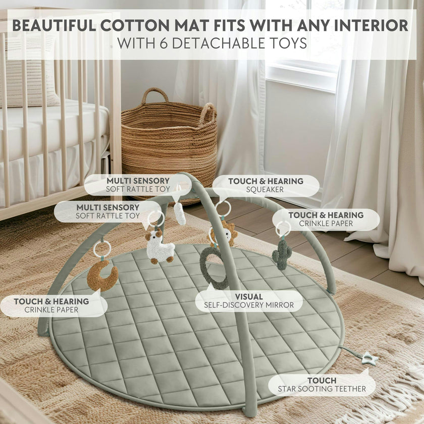 Beautiful Baby Play Gym - Soft Cotton Mat with 6 Cute Toys Creates The Perfect Activity Area for Your Girl/Boy - Stylish Infant Floor Playmat for Playroom