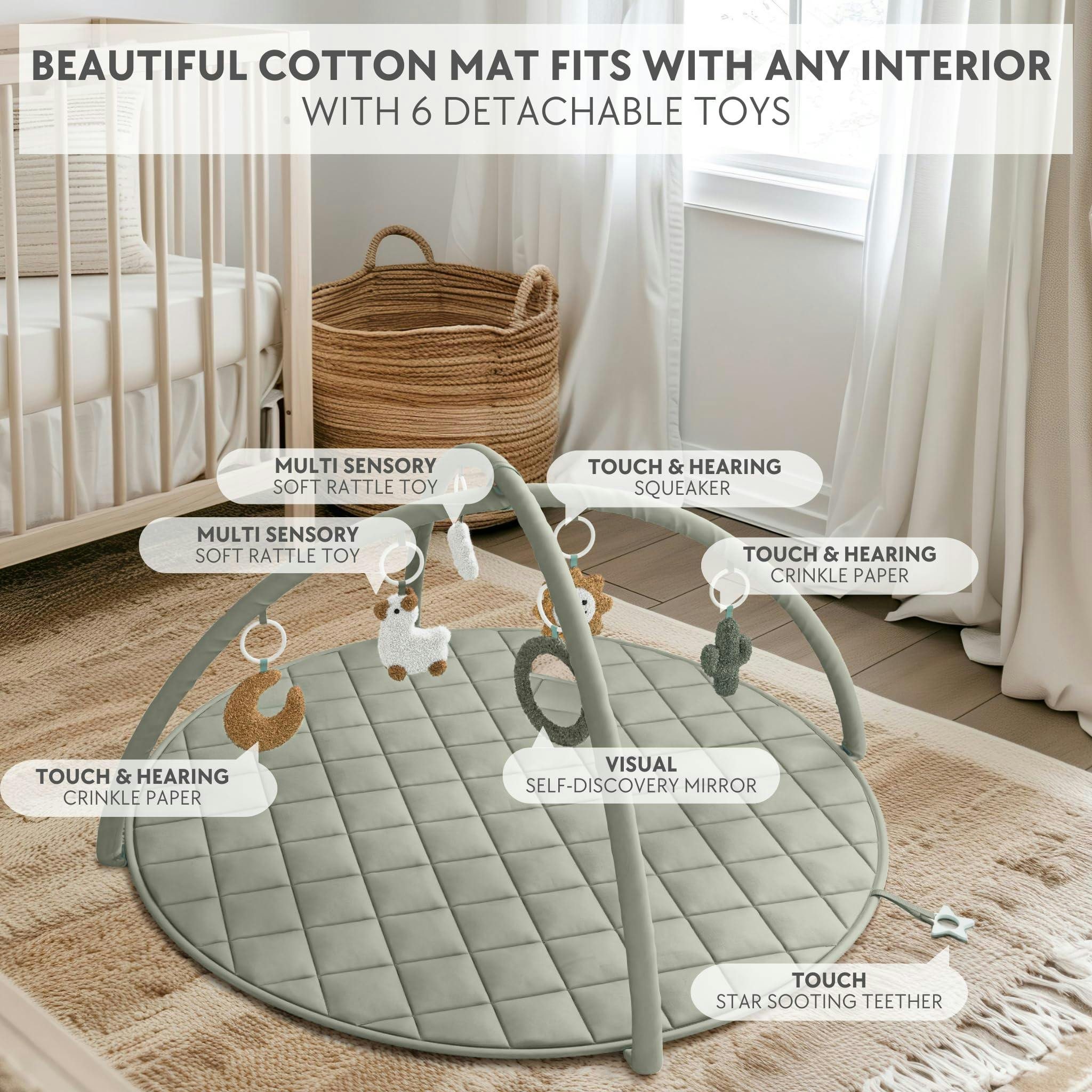 Beautiful Baby Play Gym - Soft Cotton Mat with 6 Cute Toys Creates The Perfect Activity Area for Your Girl/Boy - Stylish Infant Floor Playmat for Playroom