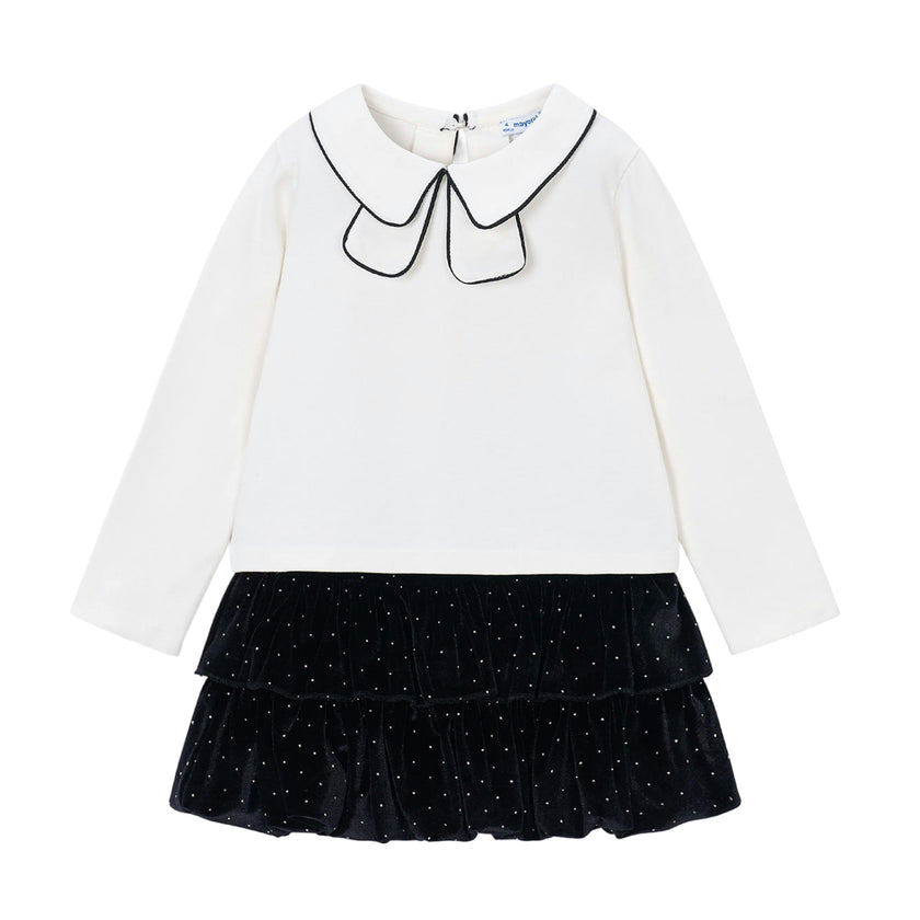 Black Peter Pan Collar Top & Velvet Skirt Set
