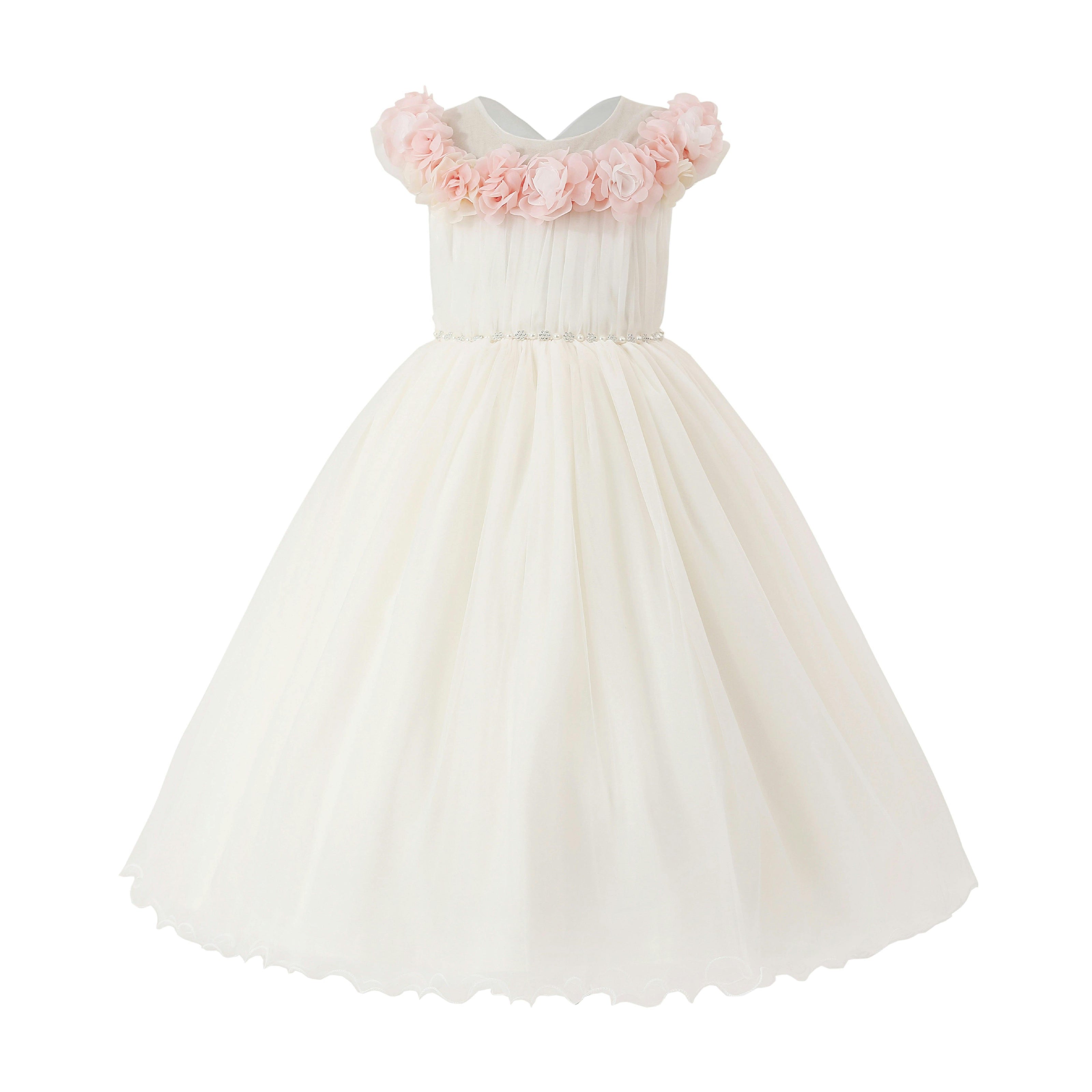 White Silvera Dress with Pink Petal Trim