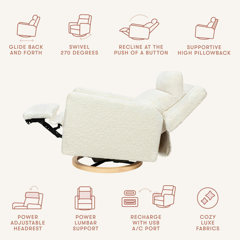 Sigi Pro Power Glider Recliner W/ Power Lumbar In Cream Shearling W/Light Wood Base