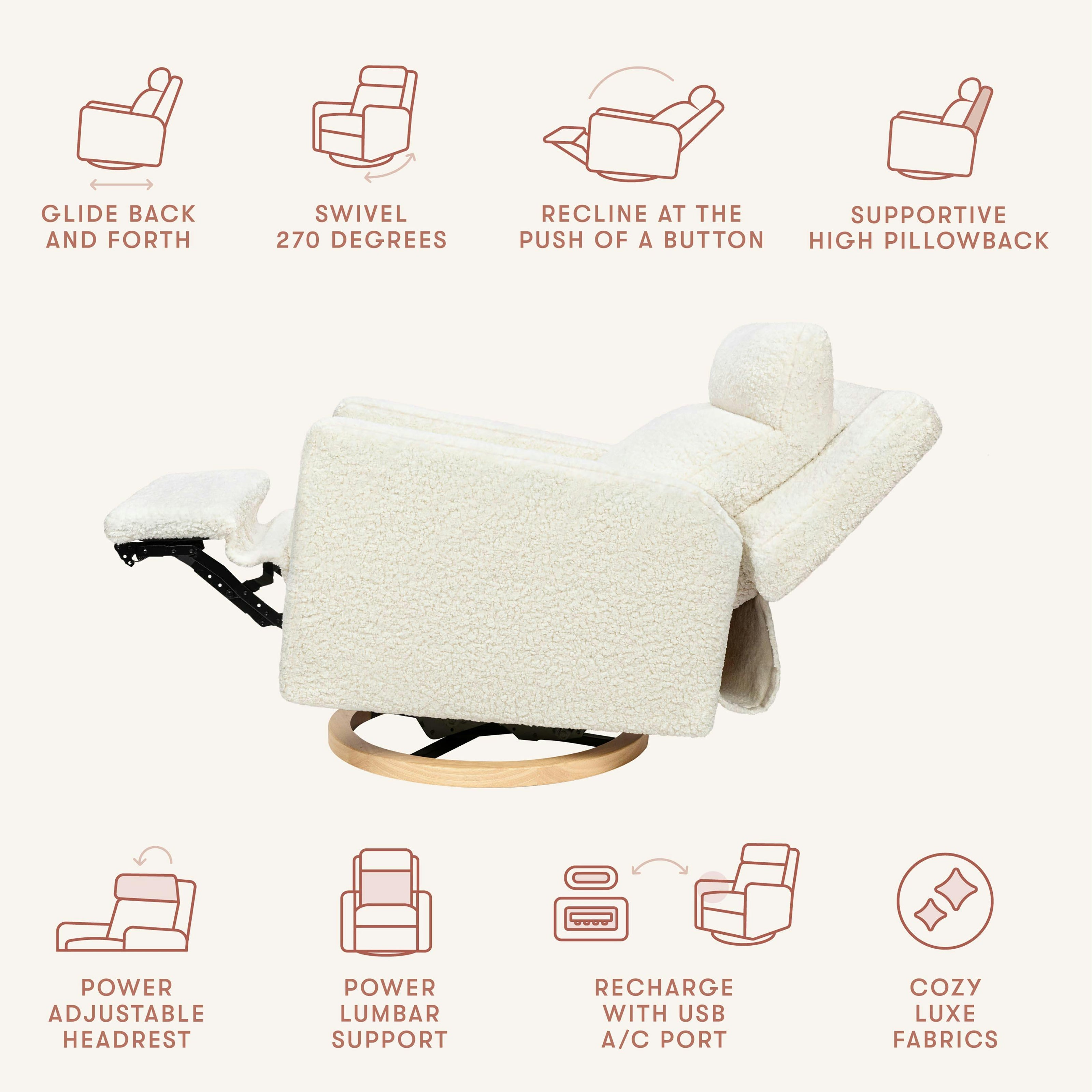 Sigi Pro Power Glider Recliner W/ Power Lumbar In Cream Shearling W/Light Wood Base