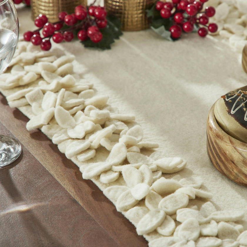 Hand Felted Wool Floral Border Table Runner Cream, 16" x 90"