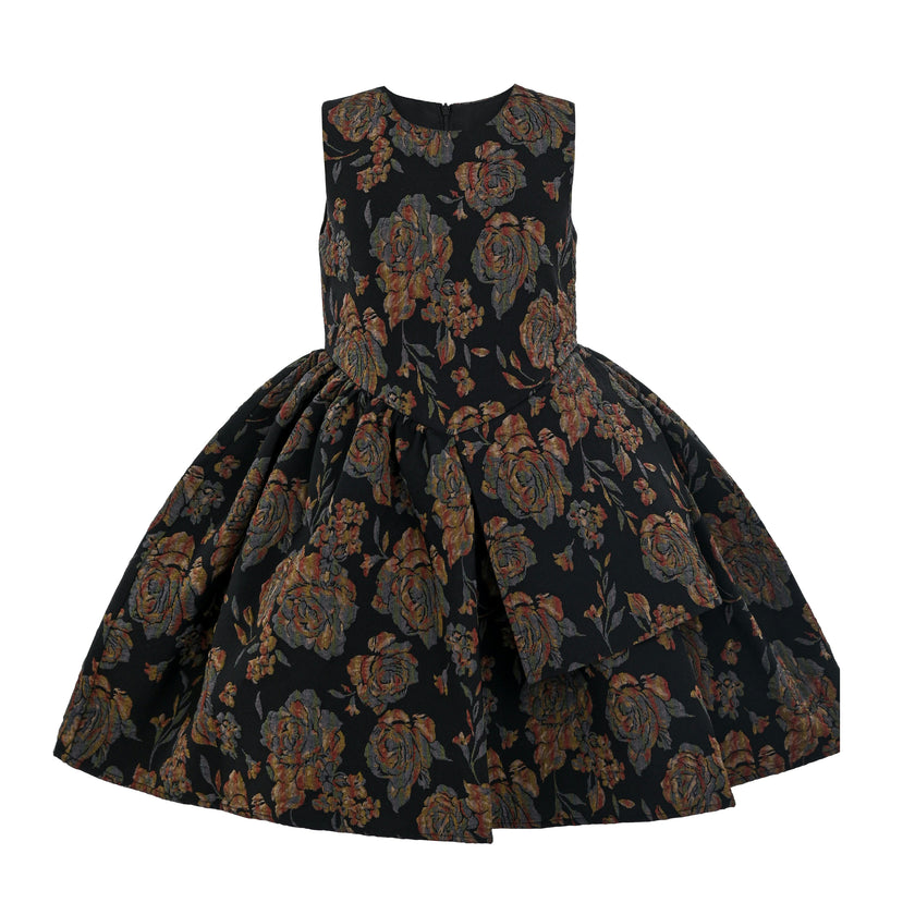Black Emelina Floral Pleated Dress