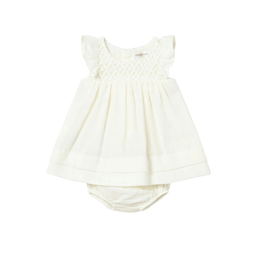 White Textured Baby Dress with Nappy Cover