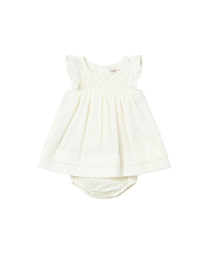 White Textured Baby Dress with Nappy Cover