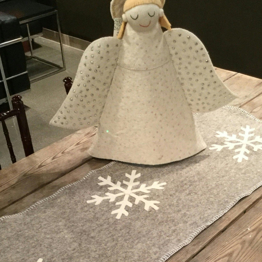 Gray Hand Felted Wool Christmas Table Runner - Snowflakes - 16"x44" Arcadia Home