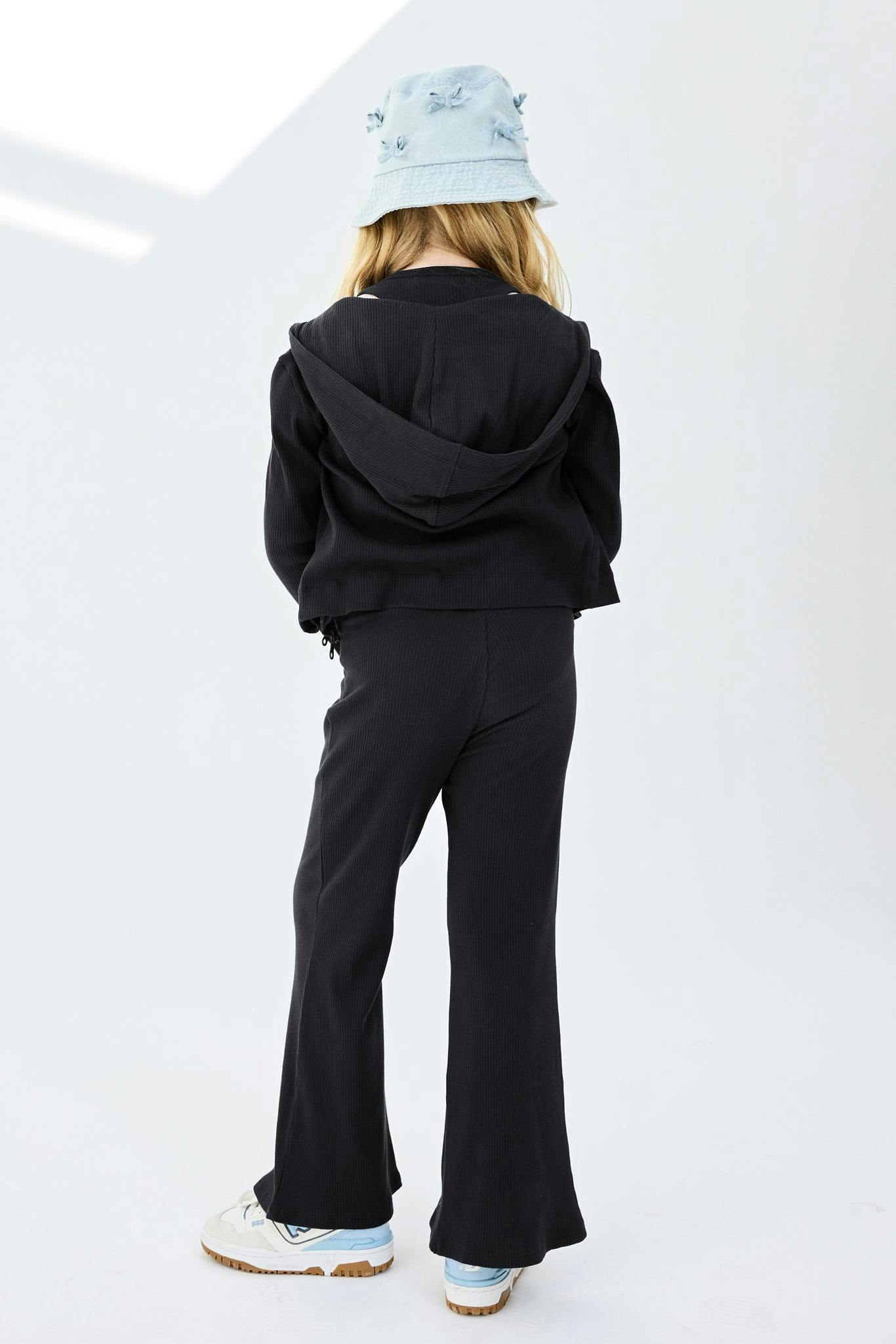 Girls Rib Split Flare Pant in Black