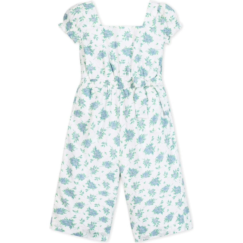Linen Puff Sleeve Smocked Waist Jumpsuit, Blue