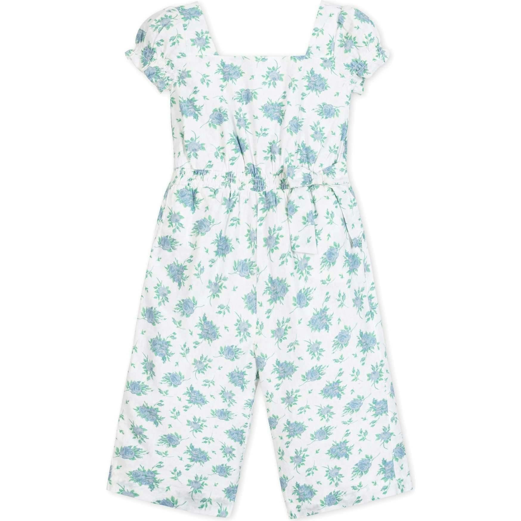 Linen Puff Sleeve Smocked Waist Jumpsuit, Blue