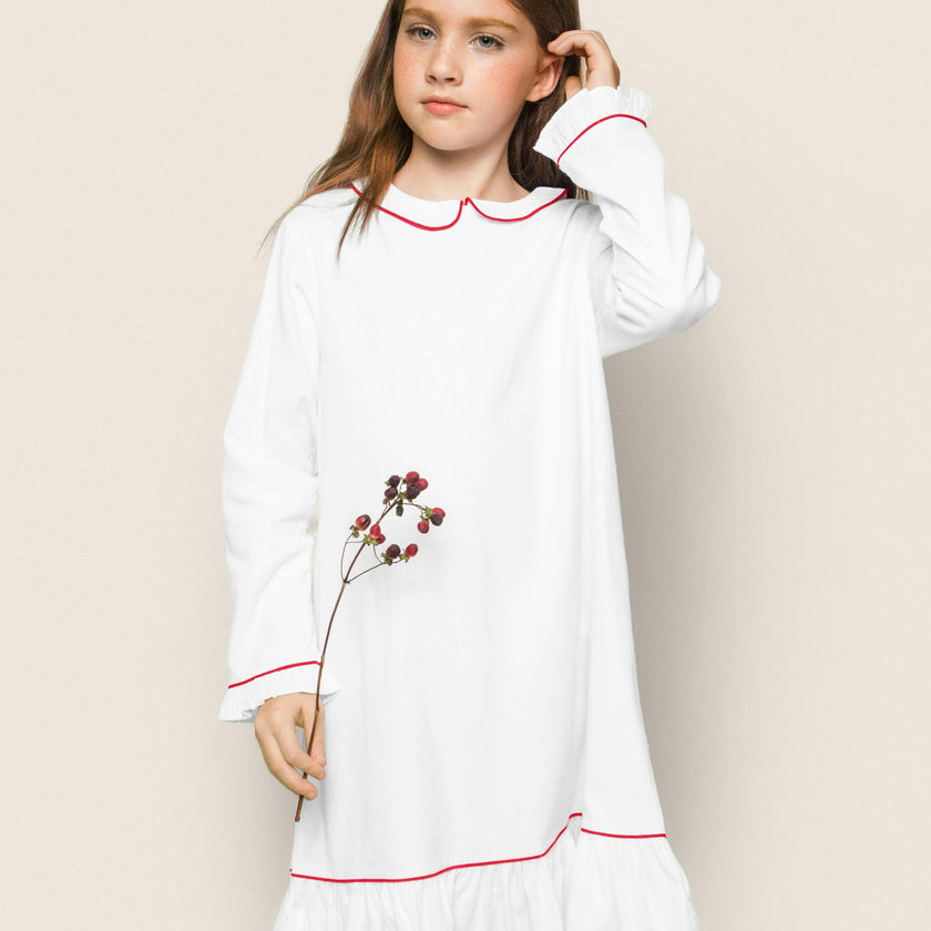 Girl's Twill Sophia Nightgown in White with Red Piping