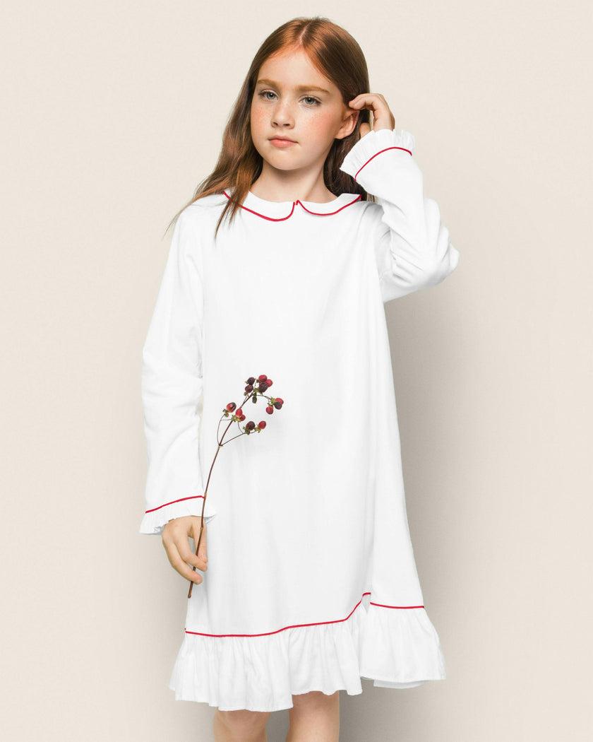 Girl's Twill Sophia Nightgown in White with Red Piping