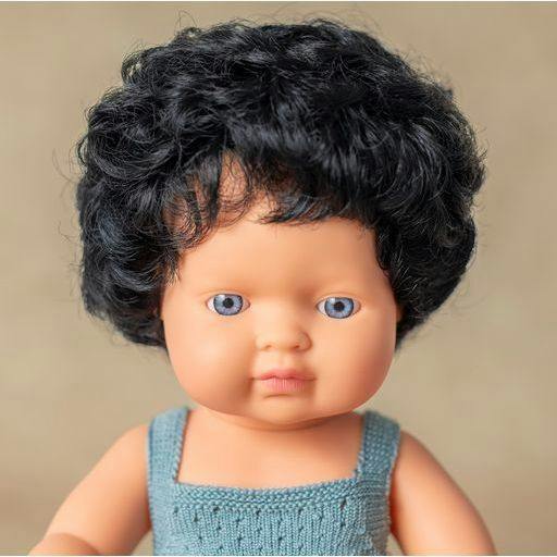 Colourful Edition Collection - Baby Doll Caucasian Curly Black Hair Boy 15'' (grey rompers)