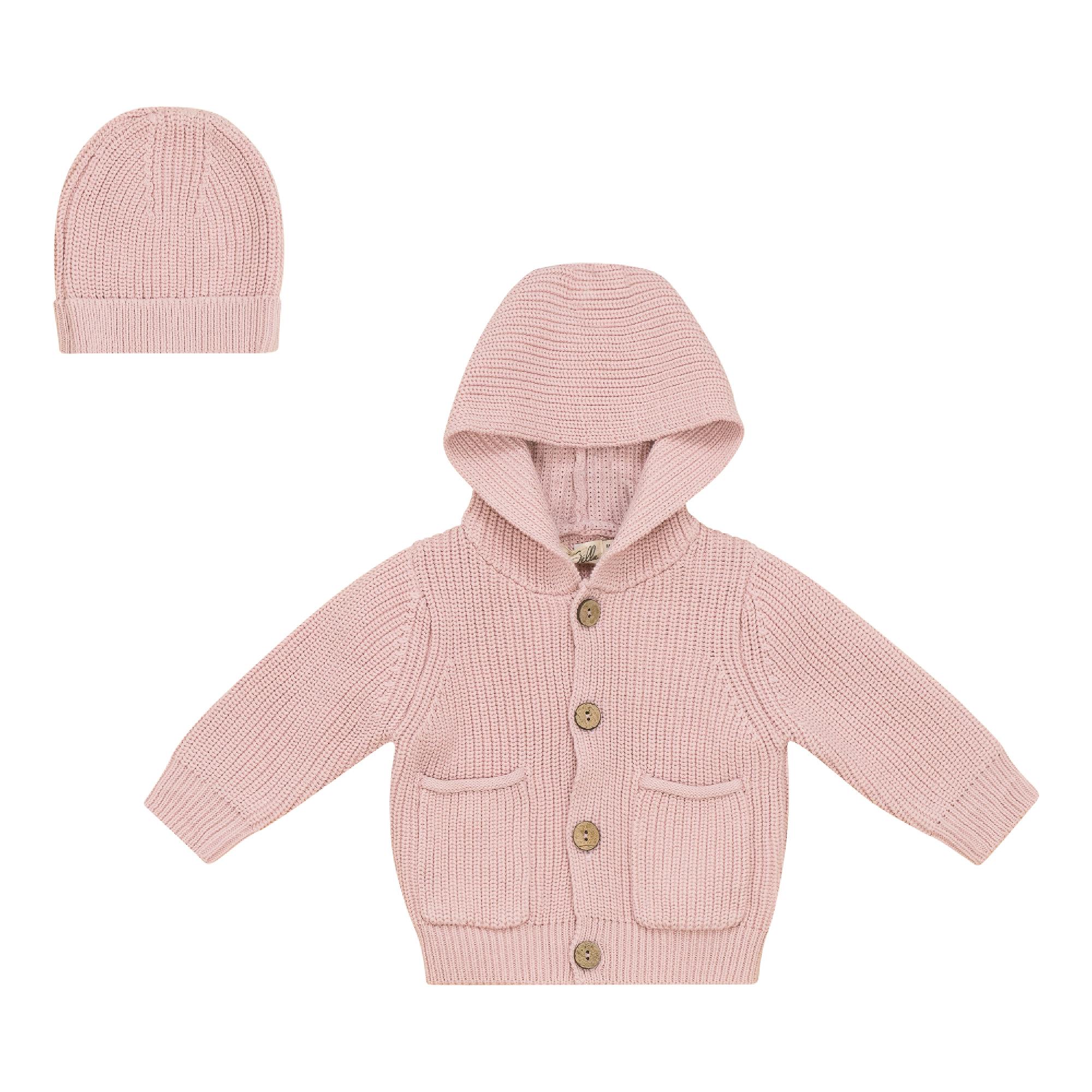 Hooded Ribbed Button Front Jacket and Hat Two Piece Set