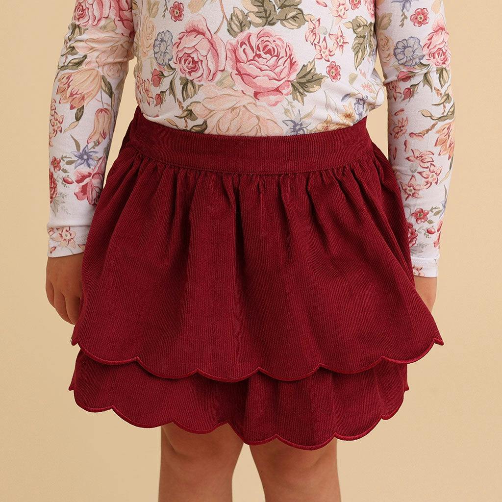 Burgundy Cotton Corduroy Scalloped Skirt