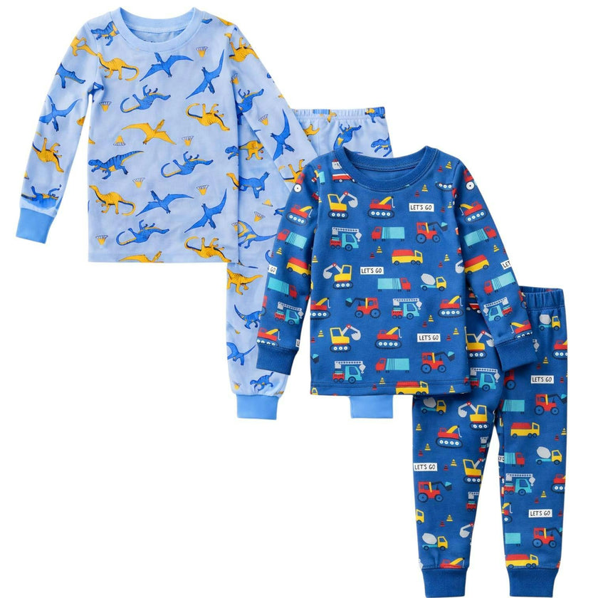Kids and Toddlers 2 Pack Blue Dinosaurs/Cars Long Sleeve Snug Fitted Pajamas