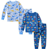 Kids and Toddlers 2 Pack Blue Dinosaurs/Cars Long Sleeve Snug Fitted Pajamas