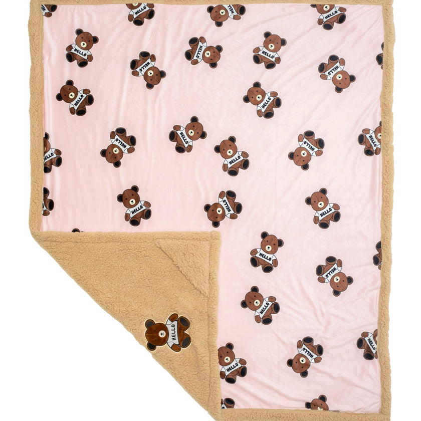 Cozy Switch Blanket – Reversible Sherpa & Mink Fleece Blanket with Embroidered Appliqué, Teddy Bears