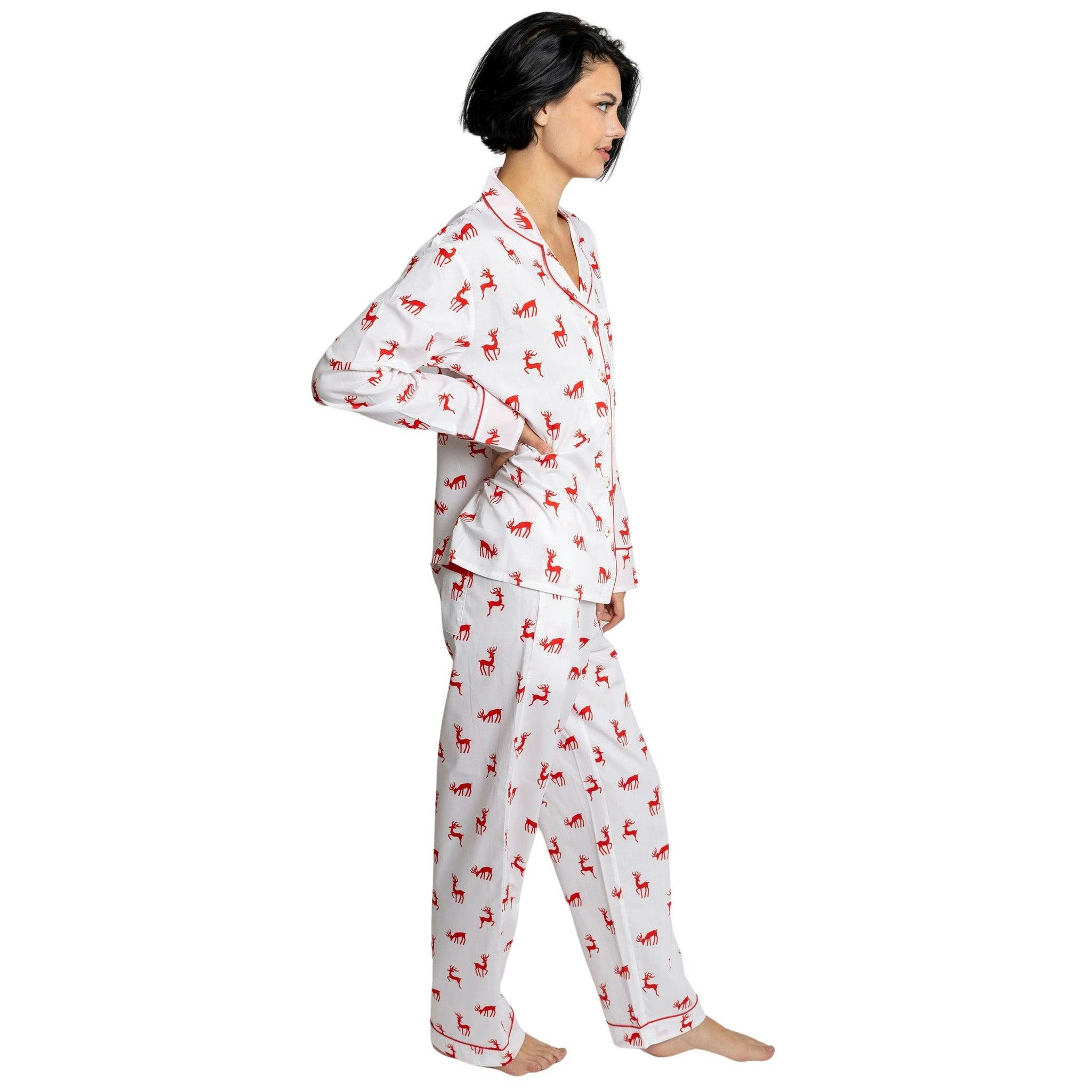 Women's Reindeer Red Long PJ Set - Organic Cotton Poplin