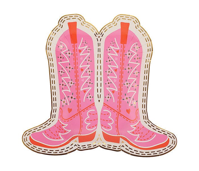Packed Party Cowboy Boot Die-Cut Paper Dessert Plates 10ct - Gold Foil Pink Boot-Shaped Party Plates, 8 Inch, High Quality 350 GSM