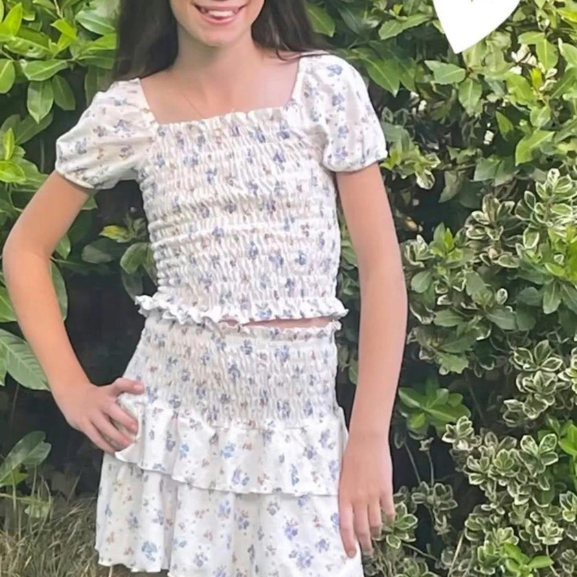 Girls Smock Eyelet 2 Piece Skirt Set