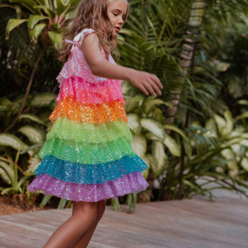 Neon Sequin Ruffle Dress With Tie Shoulders