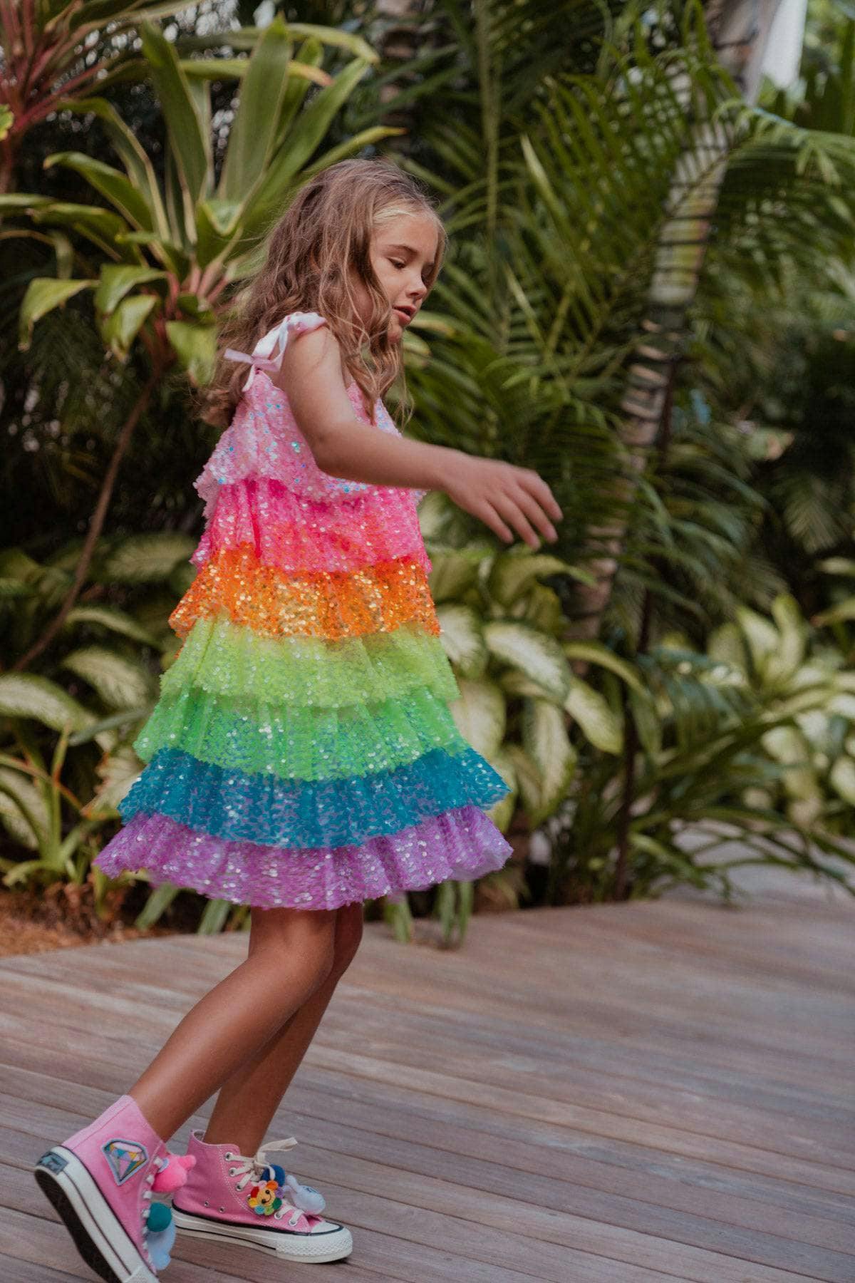 Neon Sequin Ruffle Dress With Tie Shoulders