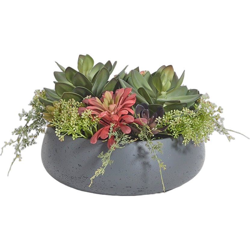 Round Artificial Succulent Arrangement, Gray Planter