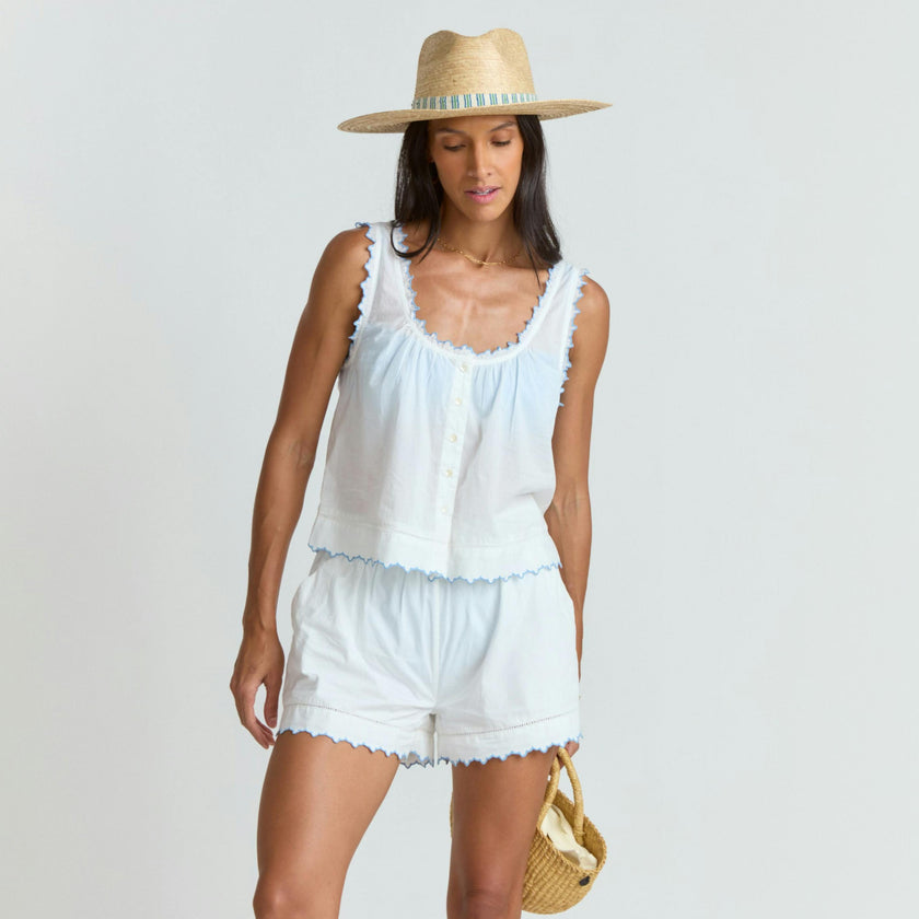 women's white scalloped short