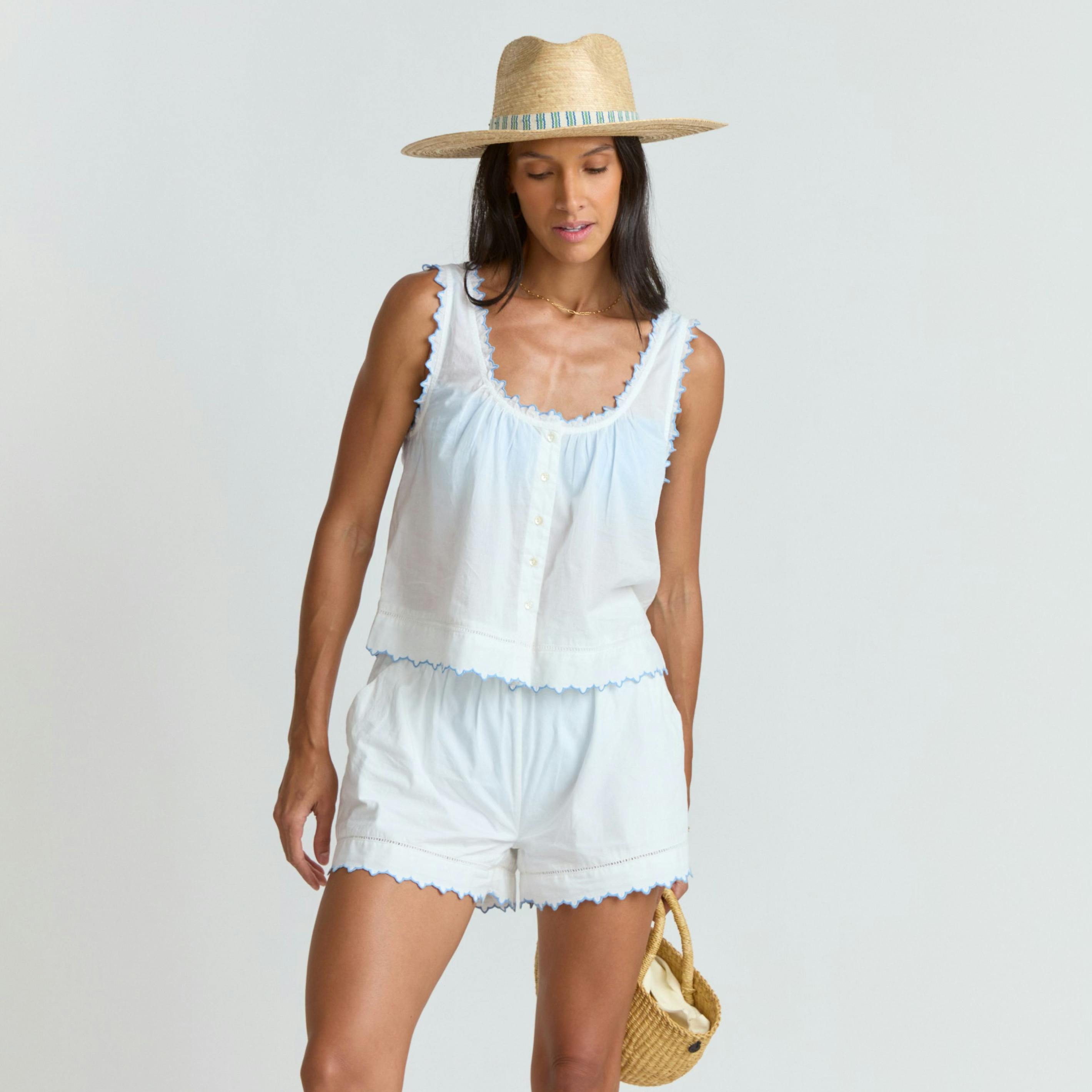 women's white scalloped short