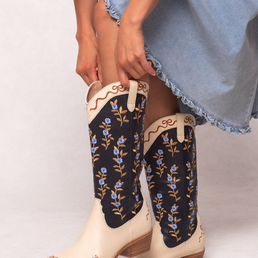 Rosemary Cowgirl Boots in Cream & Navy