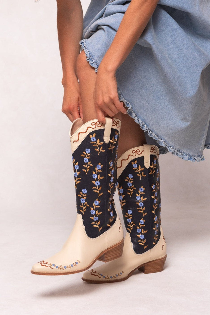 Rosemary Cowgirl Boots in Cream & Navy
