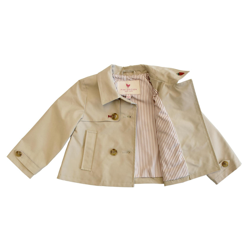Girls Ramie Crop Trench - Strawberry Embroidery
