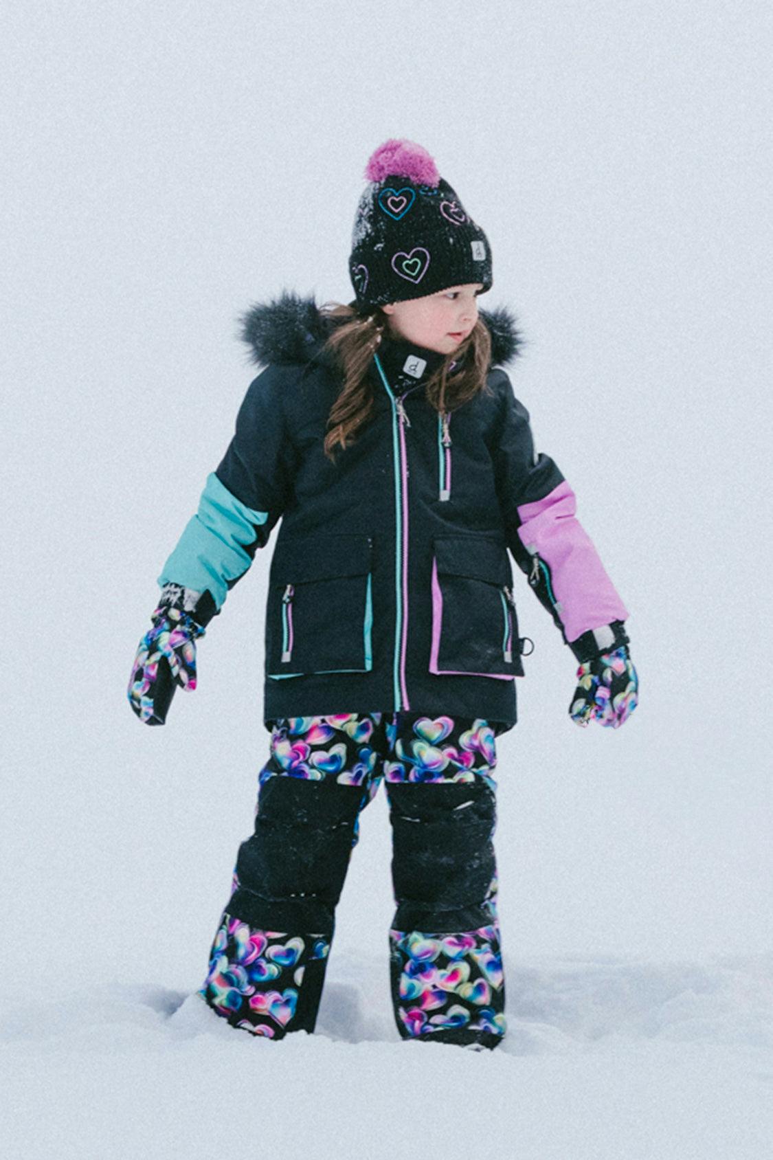 Two Piece Play Snowsuit Black, Blue And Pink Colorblock With Heart Print Pants