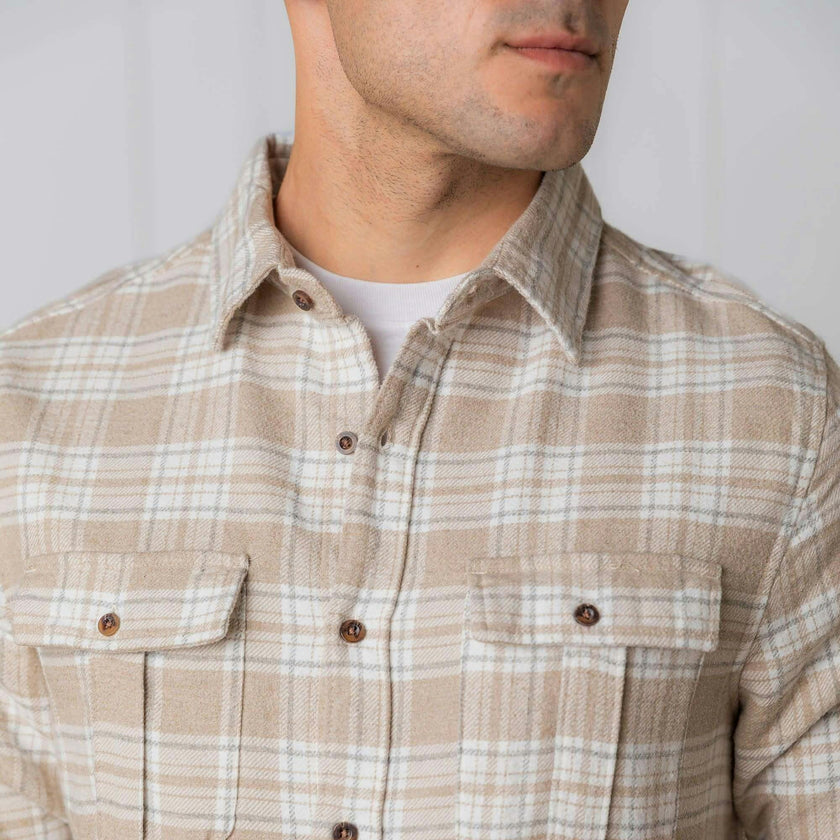 Men's Organic Flannel Double Pocket Button Down Shirt, Beige