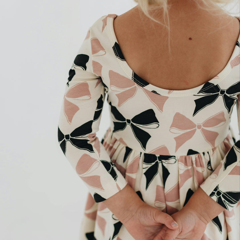 3/4 Sleeve Twirl Dress in Vintage Pink and Black Bows