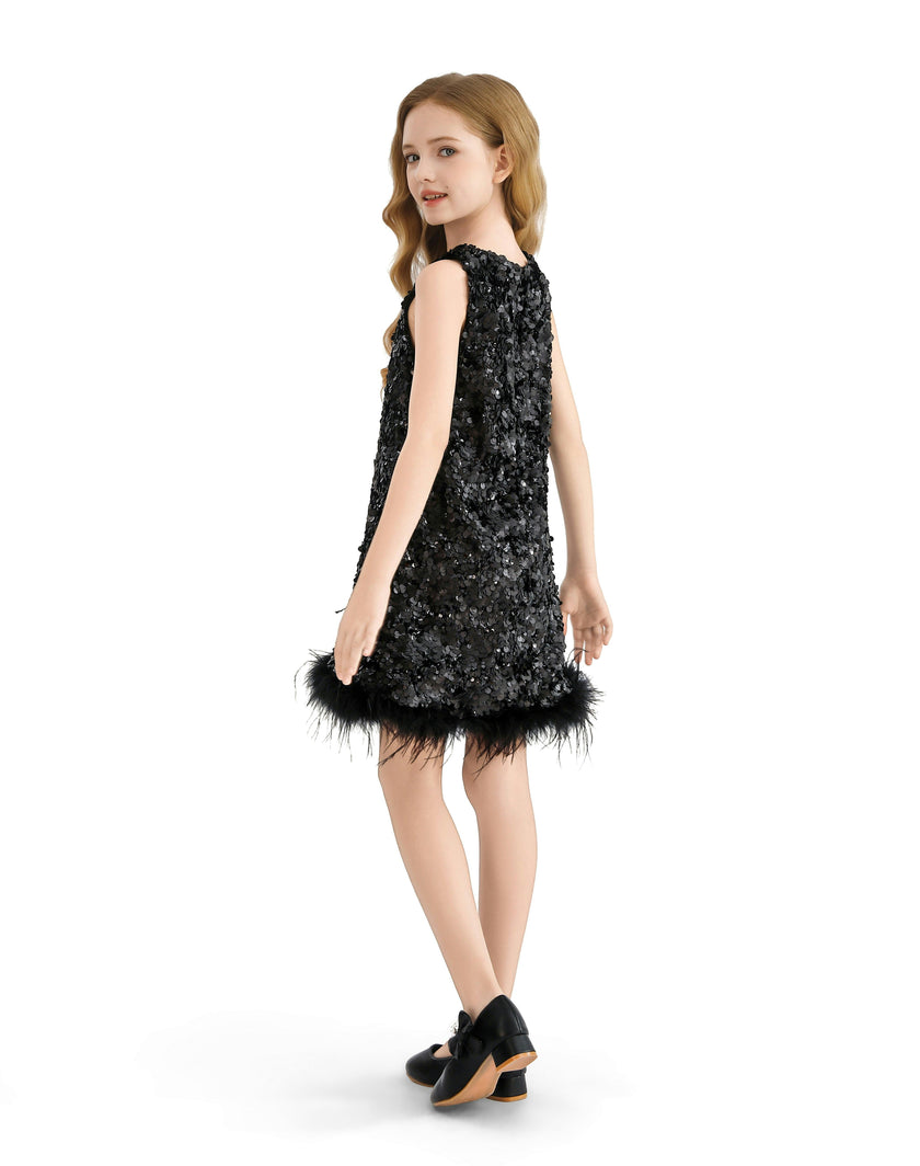 Black Sequin Feather-Hem Dress