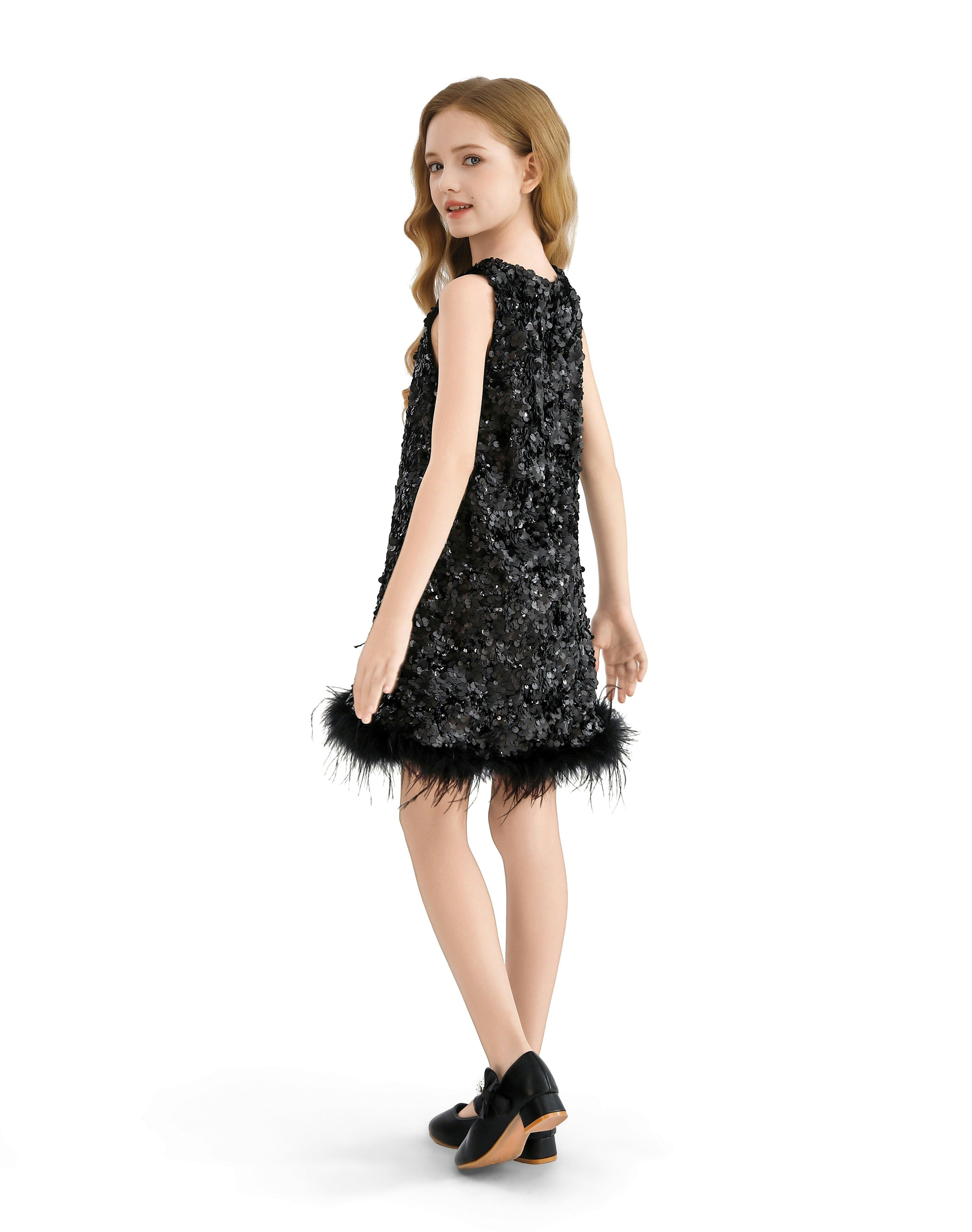 Black Sequin Feather-Hem Dress
