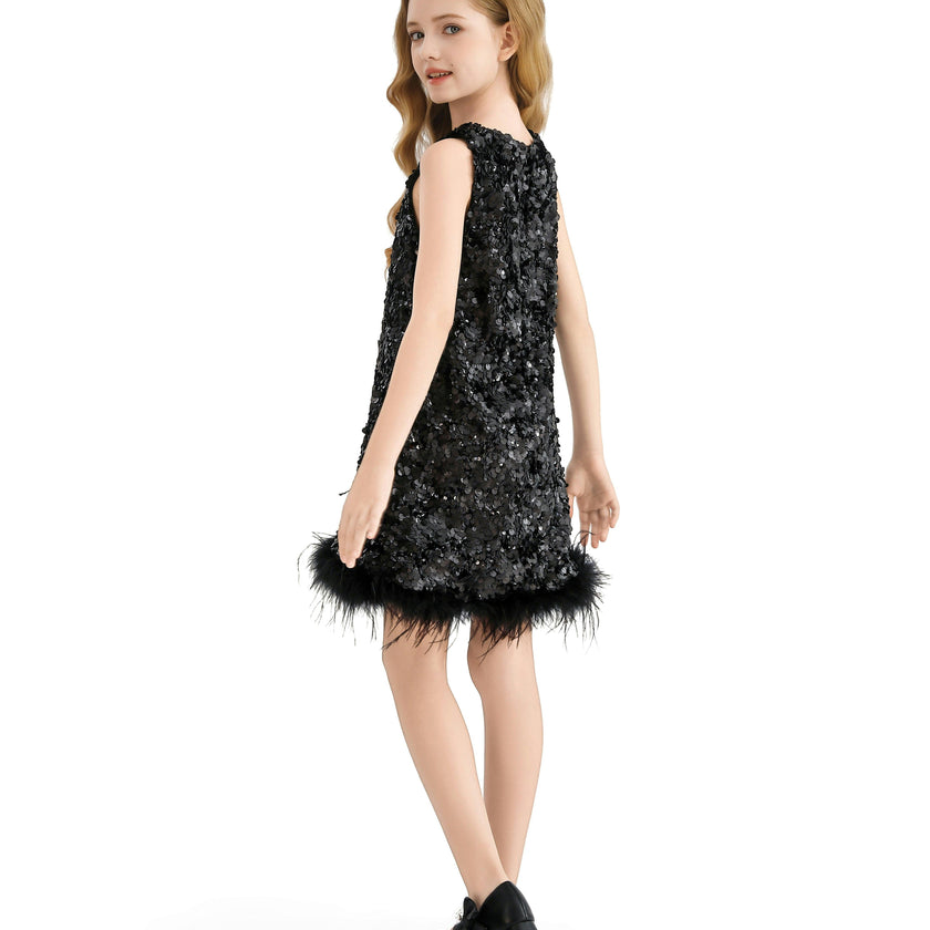 Black Sequin Feather-Hem Dress